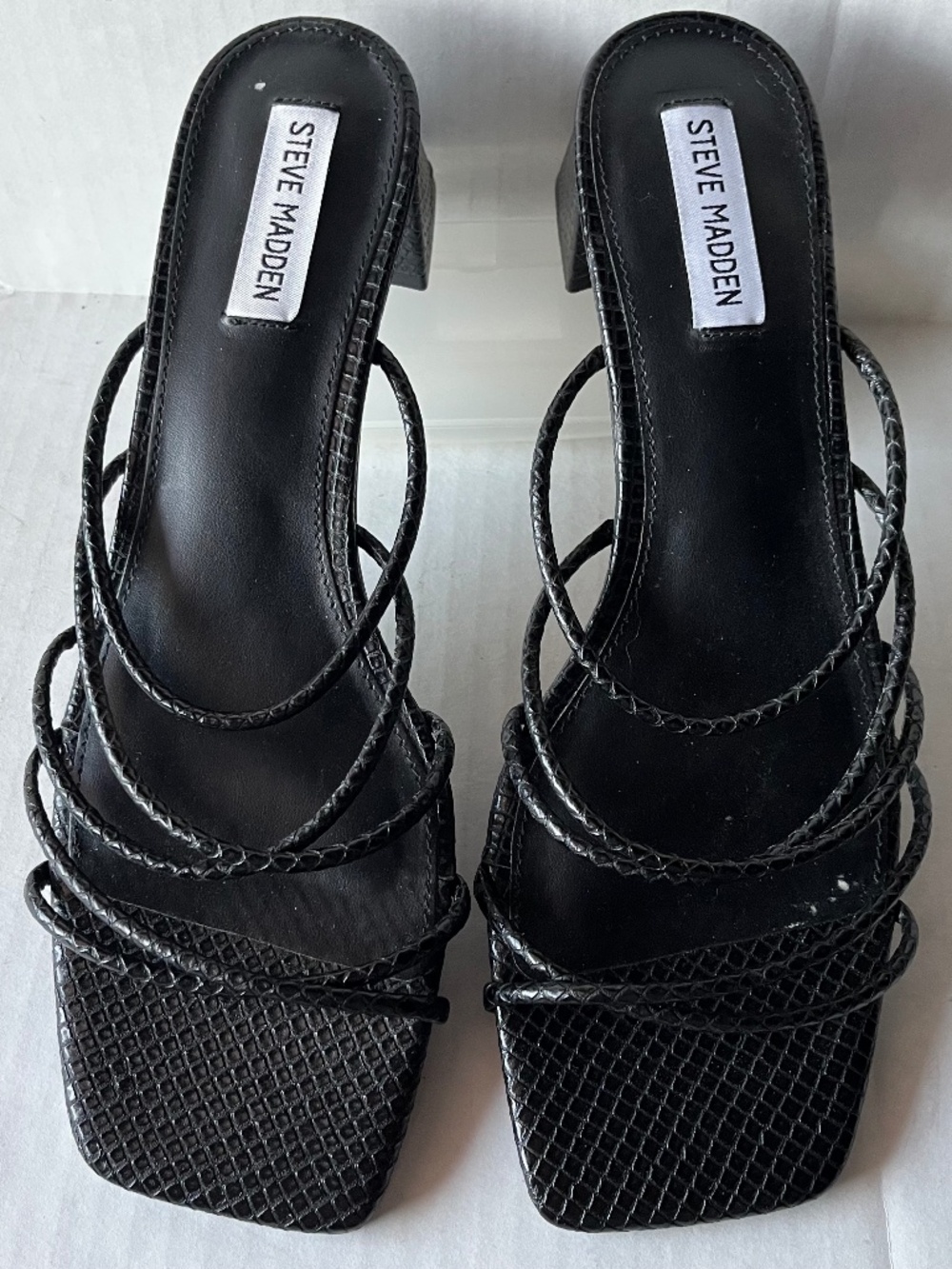 Steve Madden Paige Block Heel Strappy Sandals Reptile Print Square Toe 11M Black